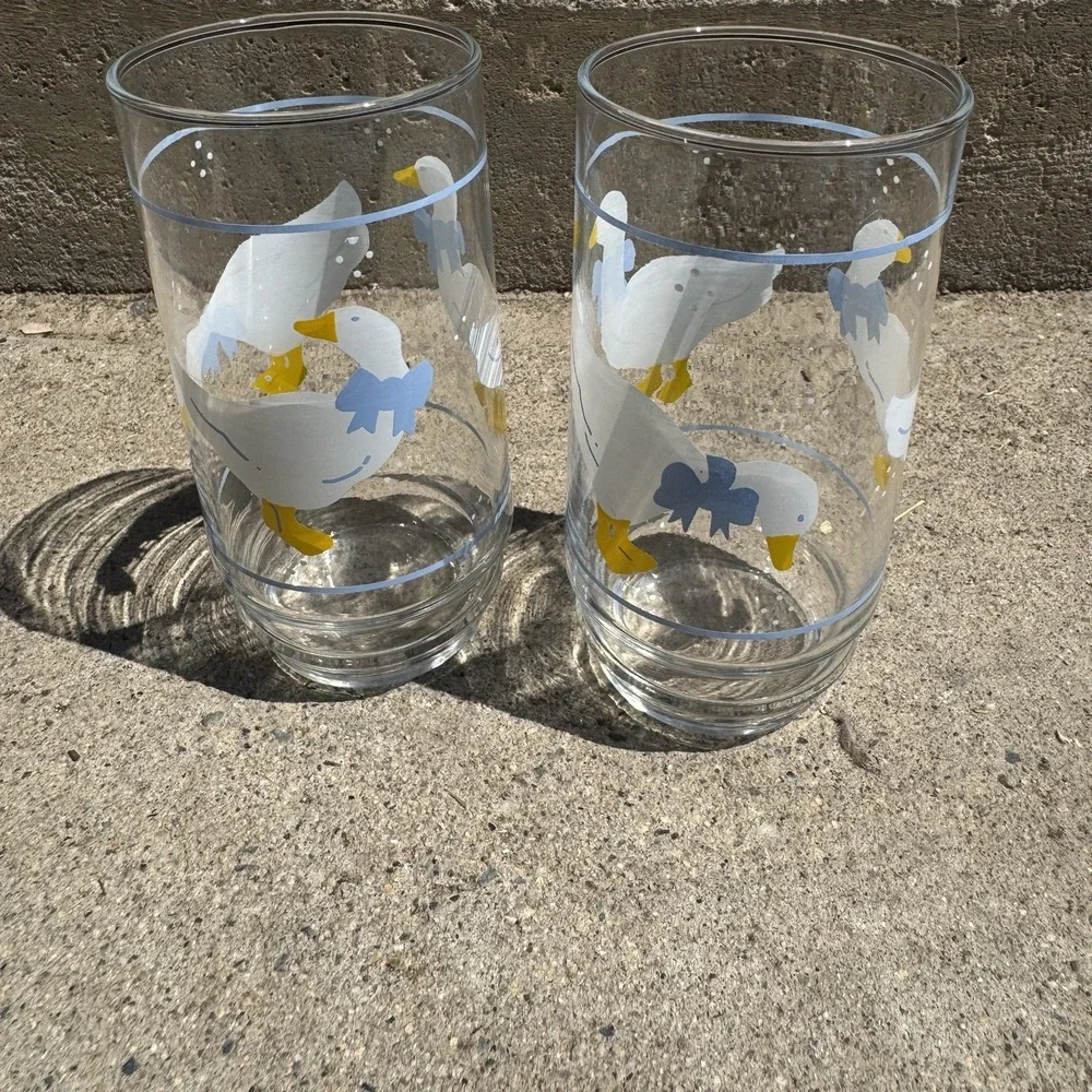 1980s Country Goose Drinking Glasses Blue Bow Farmhouse Cottage Country Kitchen